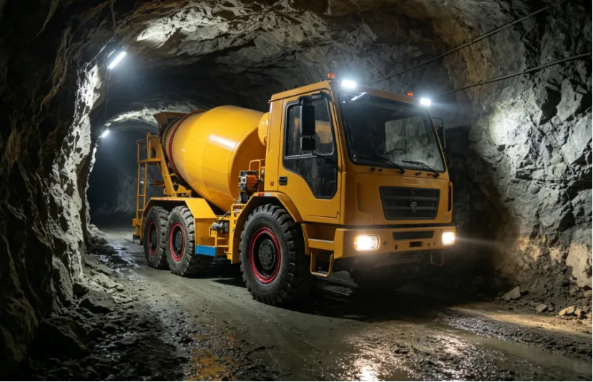 A yellow concrete mixer truck driving in a dark underground mine tunnel