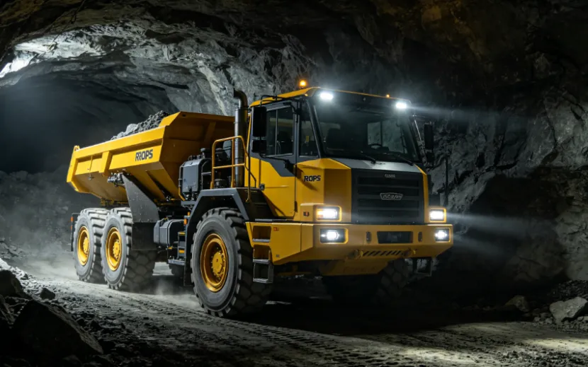 Modern yellow articulated mining truck with ROPS label driving through an illuminated tunnel.