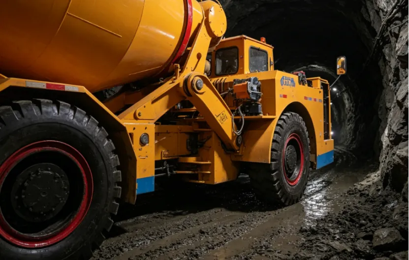 Side view of a heavy-duty yellow concrete mixer truck inside a rocky tunnel