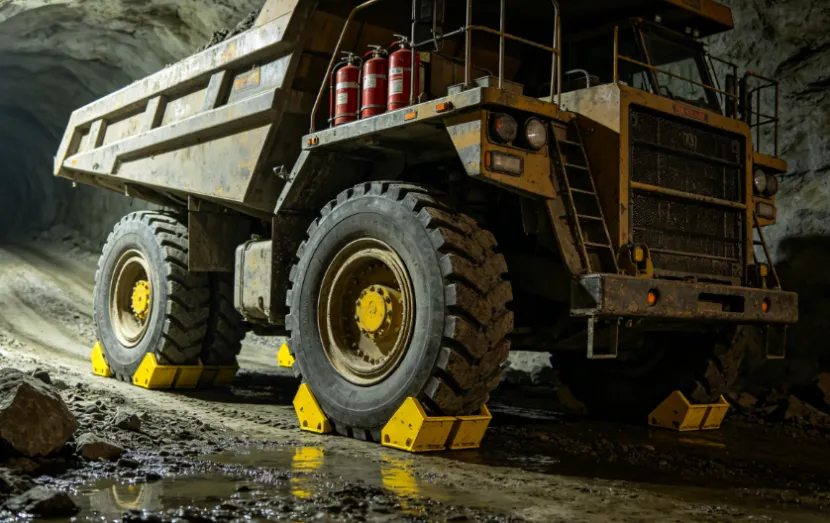 Vintage yellow mining truck with tire chocks and fire extinguishers in a tunnel.