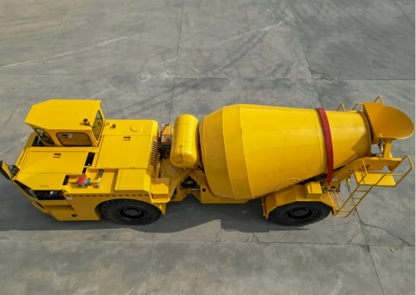 Top-down view of a yellow underground concrete mixer truck