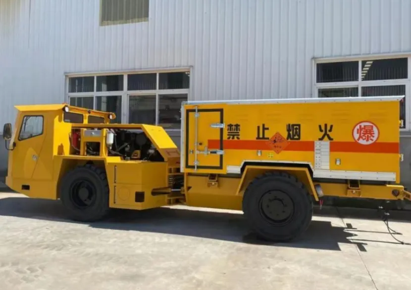 Yellow underground mining explosive transport truck
