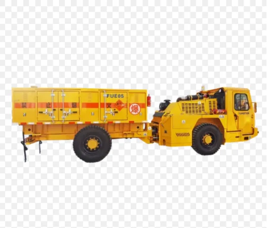 Yellow articulated underground explosives transport truck