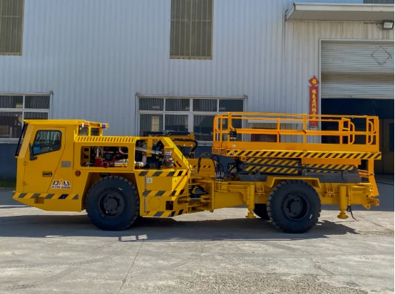 Yellow underground mining scissor lift platform truck